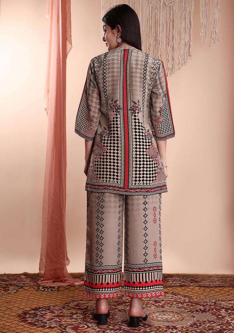 Brown Embroidery Crepe Co Ord Set - Indya