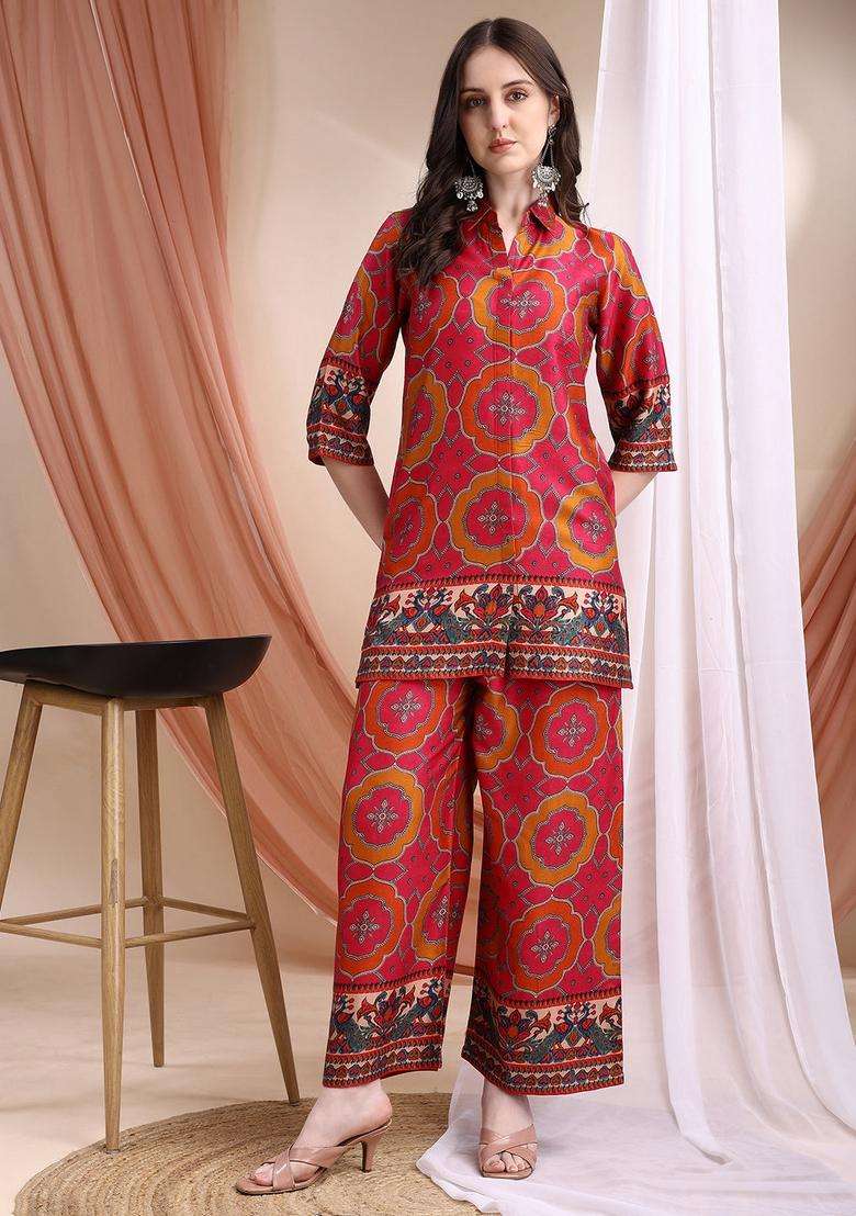 Pink Embroidery Silk Co Ord Set - Indya