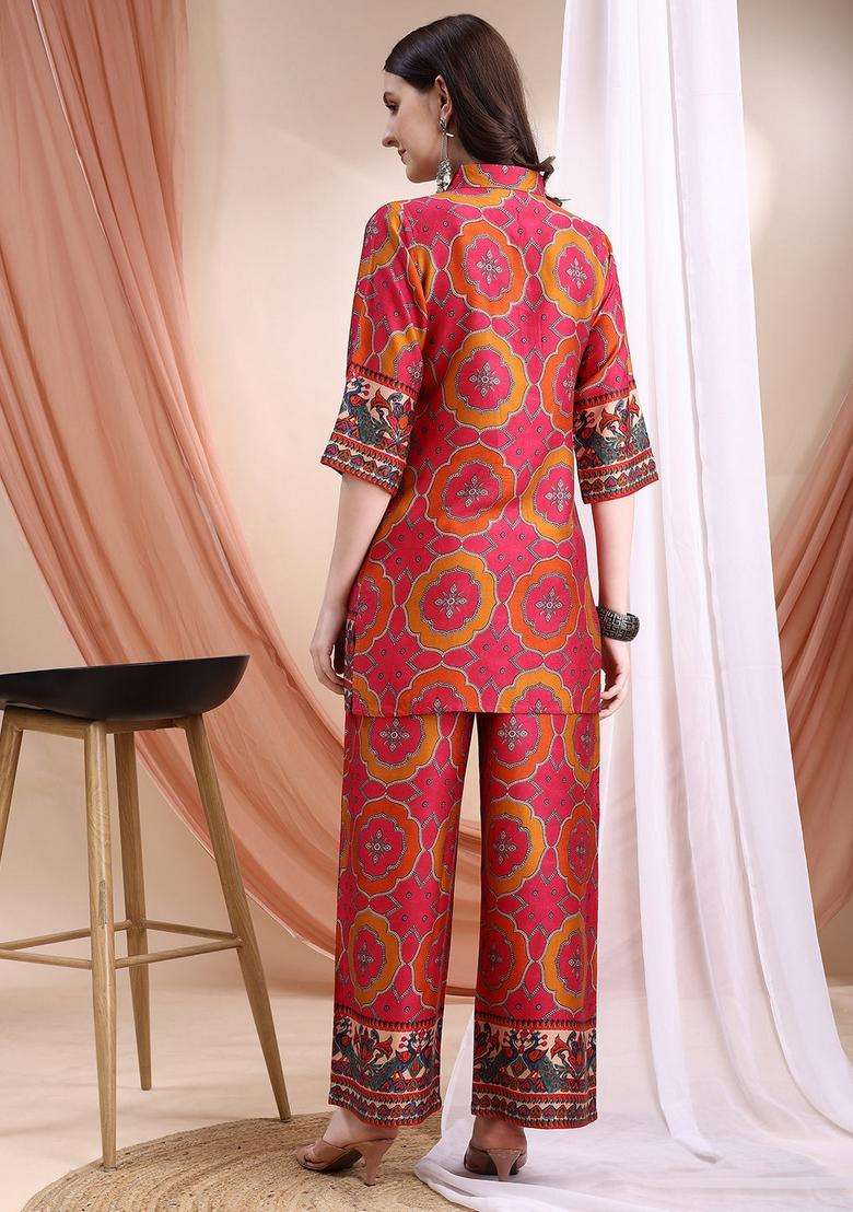 Pink Embroidery Silk Co Ord Set - Indya
