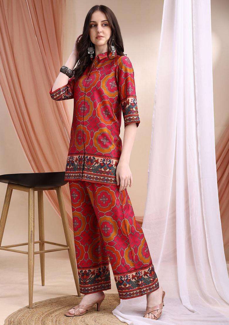 Pink Embroidery Silk Co Ord Set - Indya