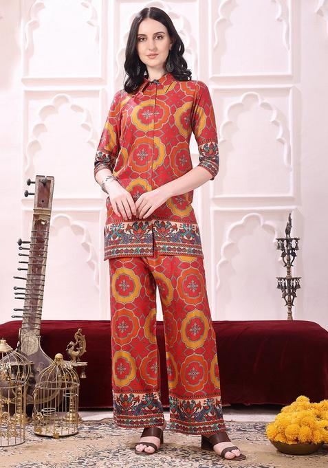 Red Embroidery Silk Co Ord Set