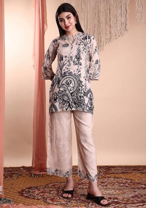 Beige Embroidery Rayon Co Ord Set