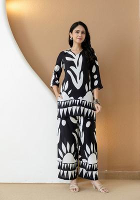 Black And White Embroidery Rayon Co Ord Set