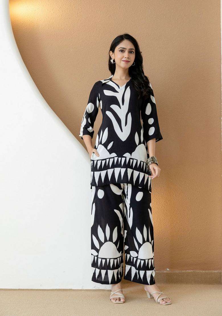 Black And White Embroidery Rayon Co Ord Set - Indya