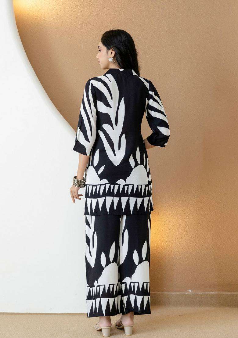 Black And White Embroidery Rayon Co Ord Set - Indya