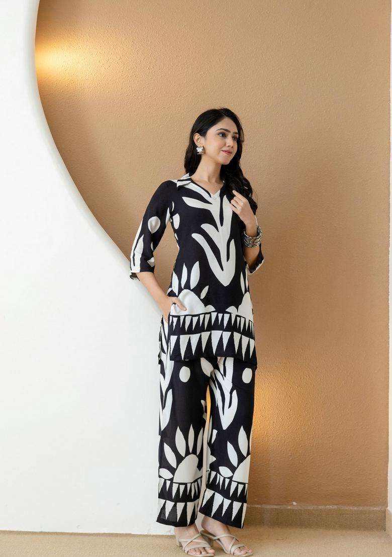 Black And White Embroidery Rayon Co Ord Set - Indya