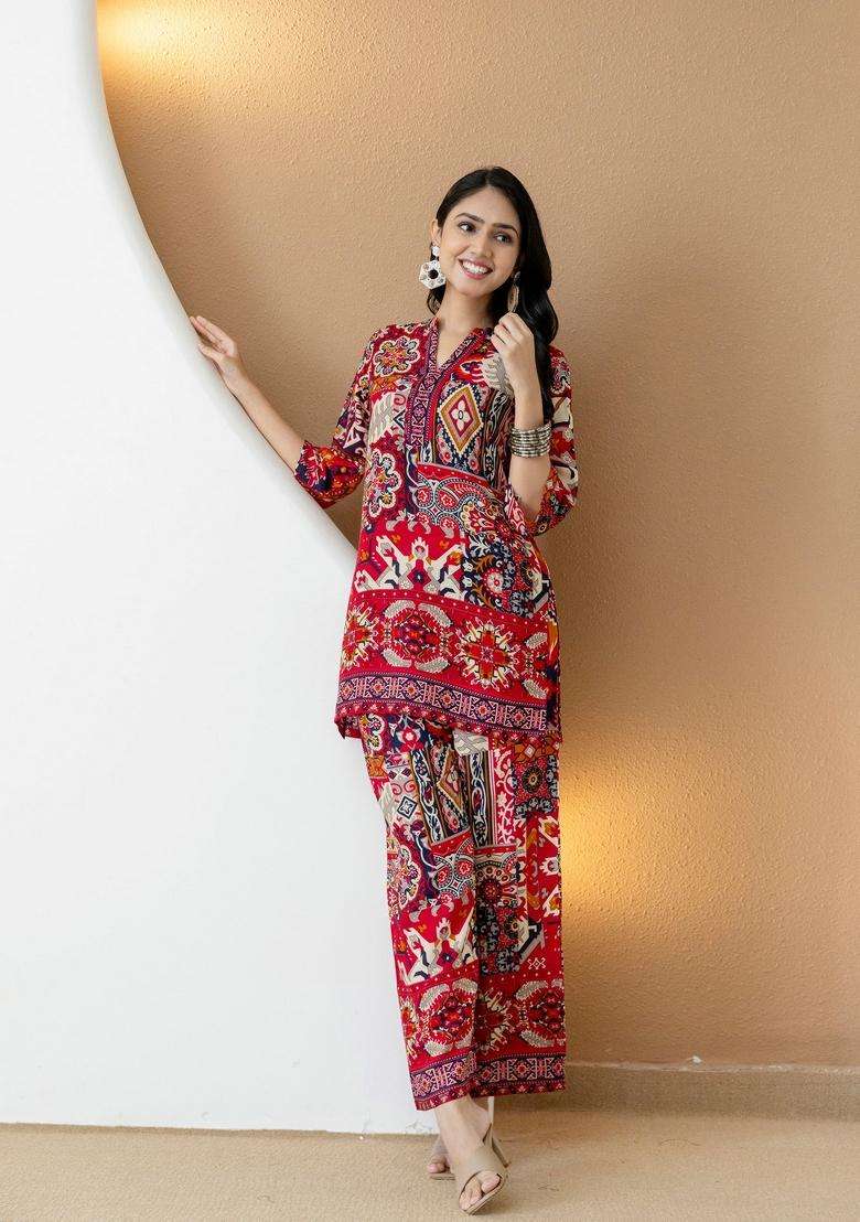 Pink Embroidery Rayon Co Ord Set - Indya