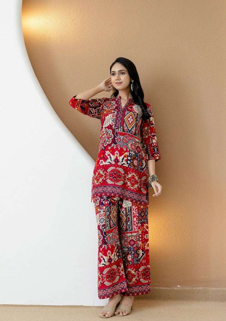 Pink Embroidery Rayon Co Ord Set - Indya