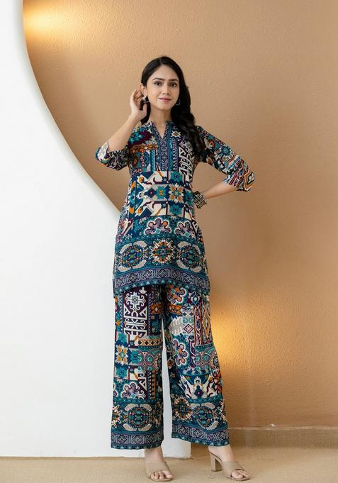 Teal Embroidery Rayon Co Ord Set