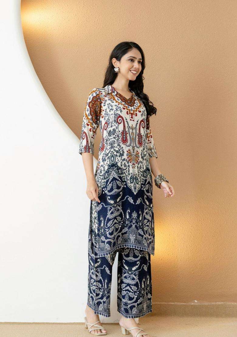 Multicolor Embroidery Rayon Co Ord Set - Indya
