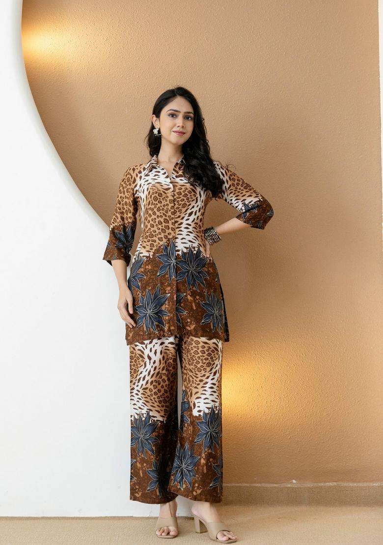 Brown Embroidery Silk Co Ord Set - Indya