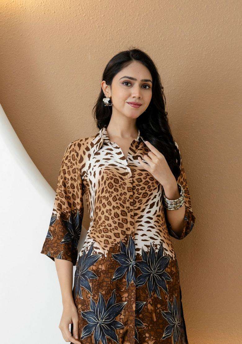 Brown Embroidery Silk Co Ord Set - Indya