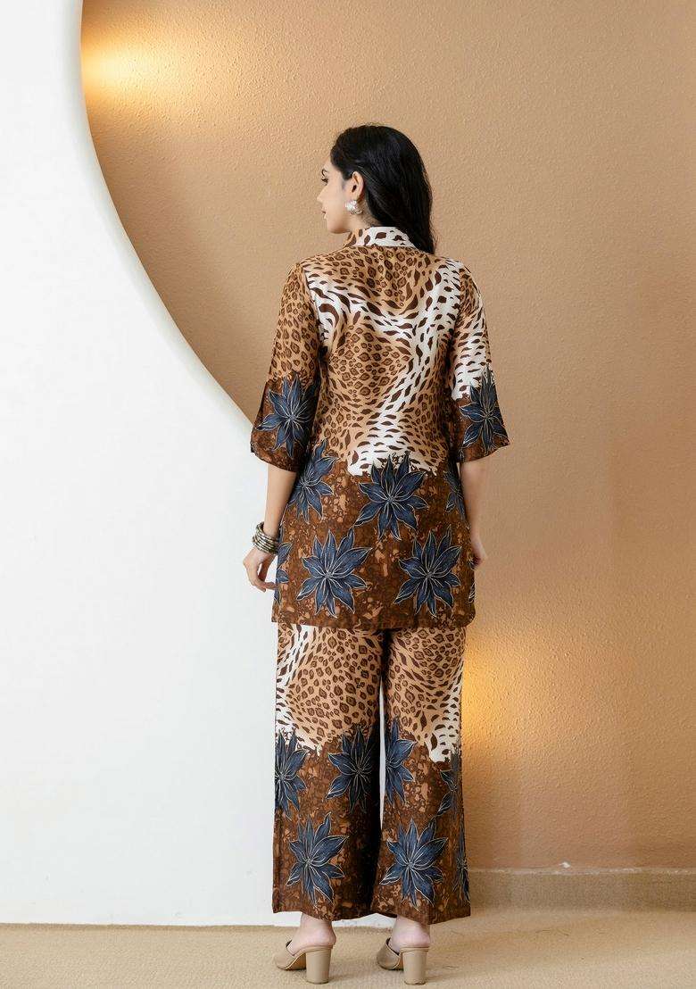 Brown Embroidery Silk Co Ord Set - Indya