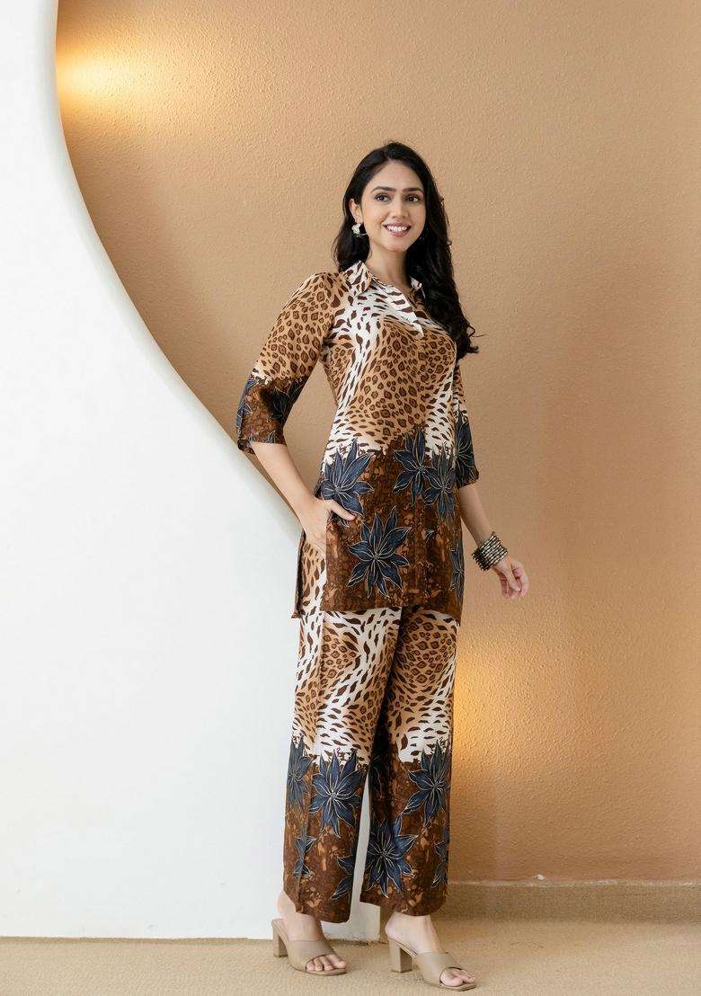 Brown Embroidery Silk Co Ord Set - Indya