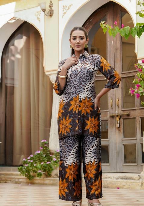 Grey Embroidery Silk Co Ord Set