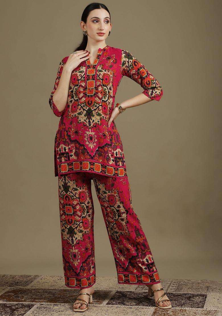 Pink Embroidery Rayon Co Ord Set - Indya
