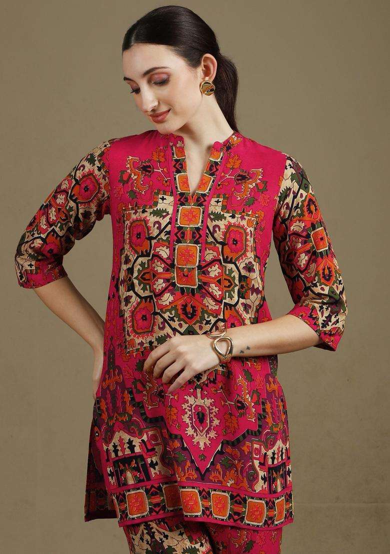 Pink Embroidery Rayon Co Ord Set - Indya