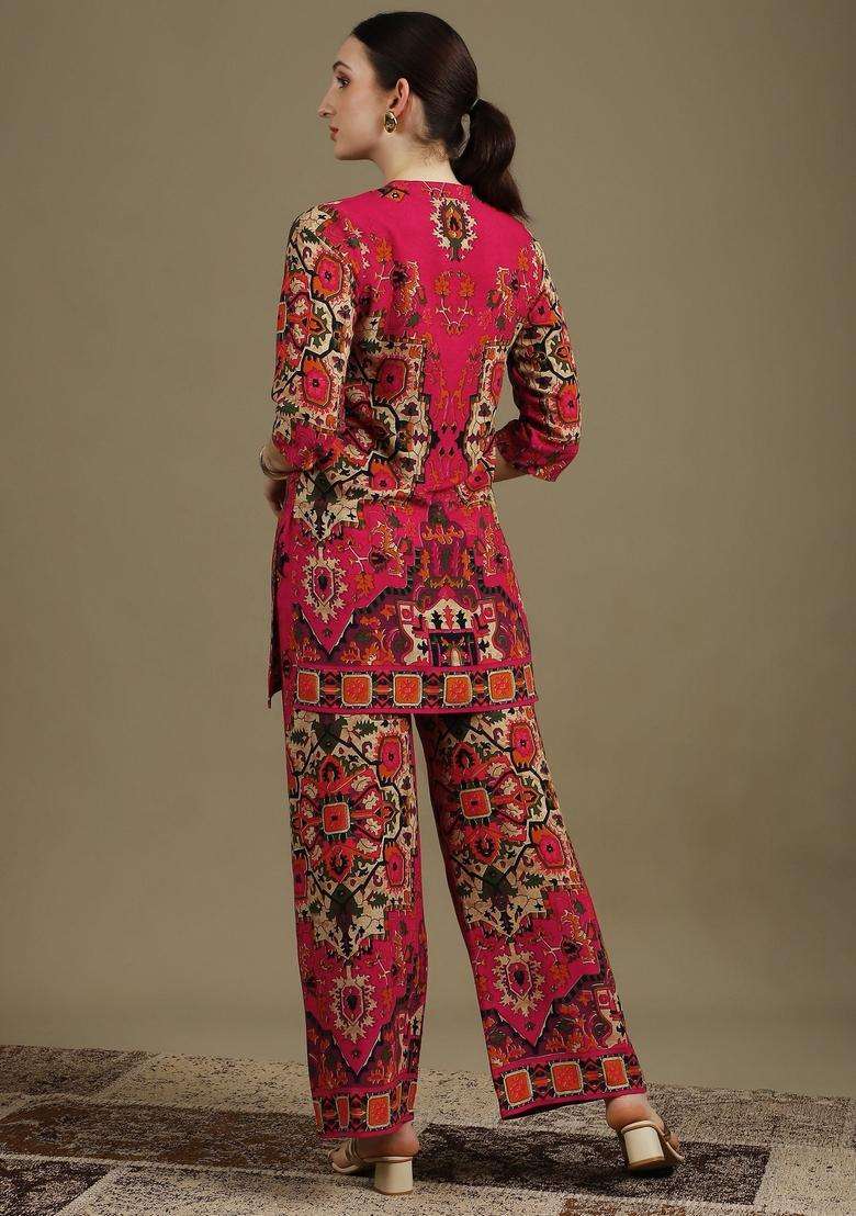 Pink Embroidery Rayon Co Ord Set - Indya