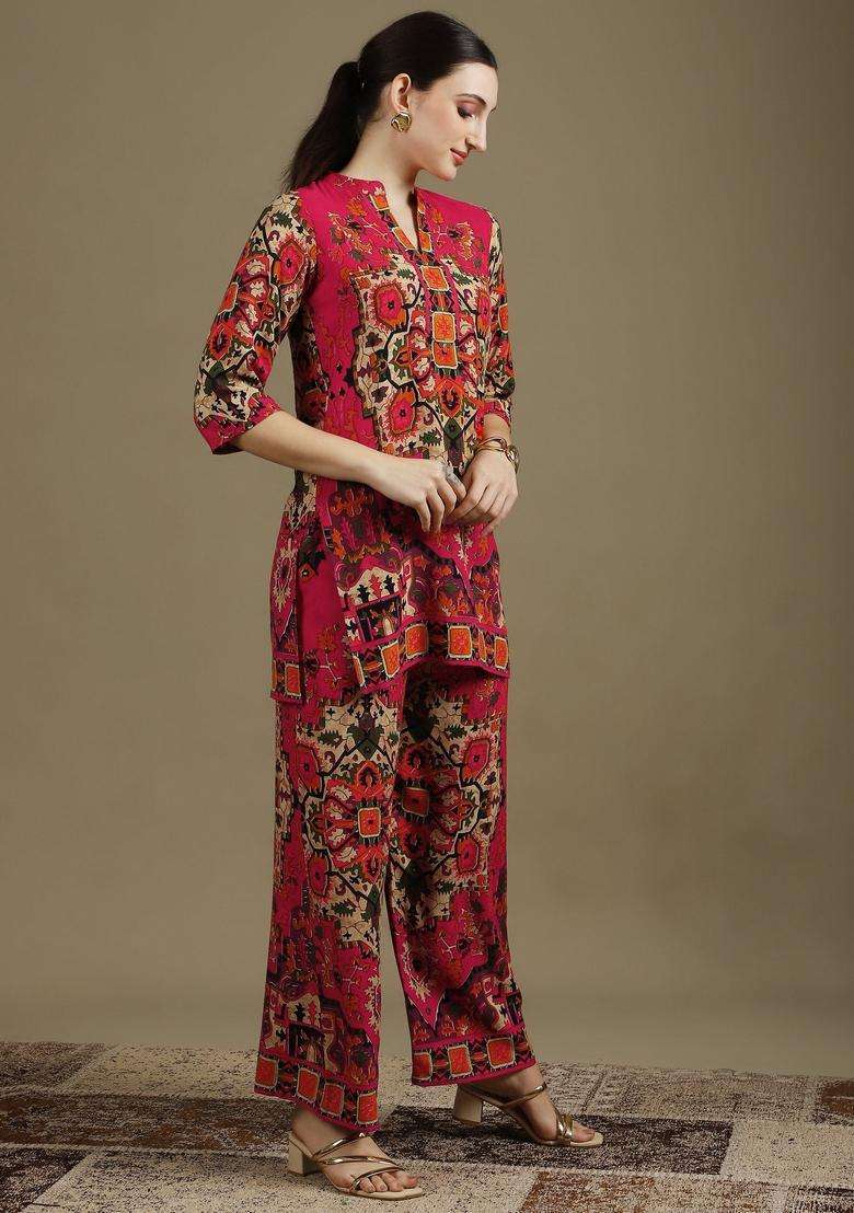 Pink Embroidery Rayon Co Ord Set - Indya