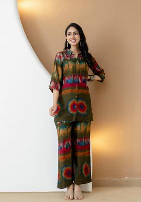 Olive Embroidery Silk Co Ord Set