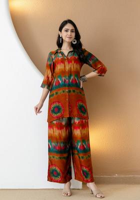 Orange Embroidery Silk Co Ord Set