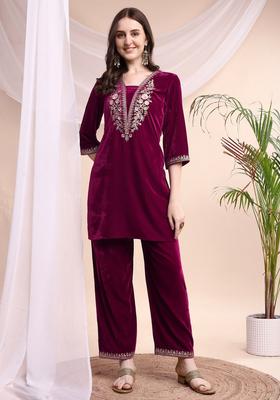 Pink Embroidery Velvet Co Ord Set