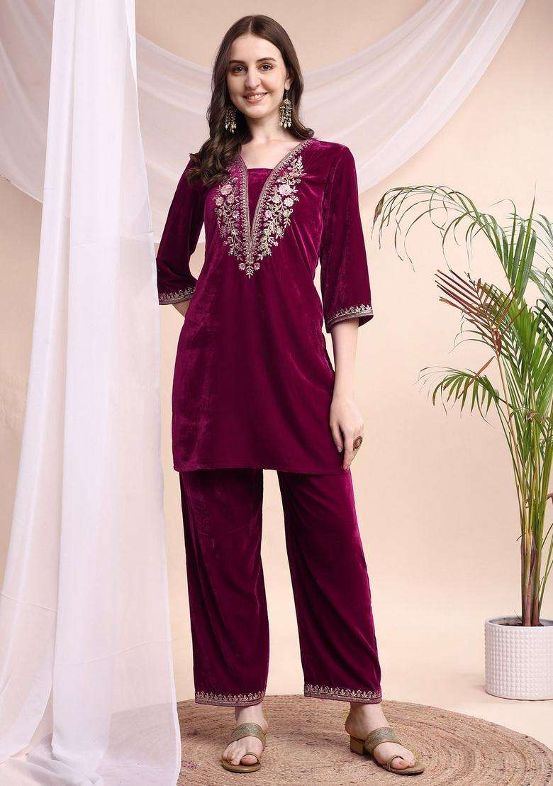 Pink Embroidery Velvet Co Ord Set - Indya