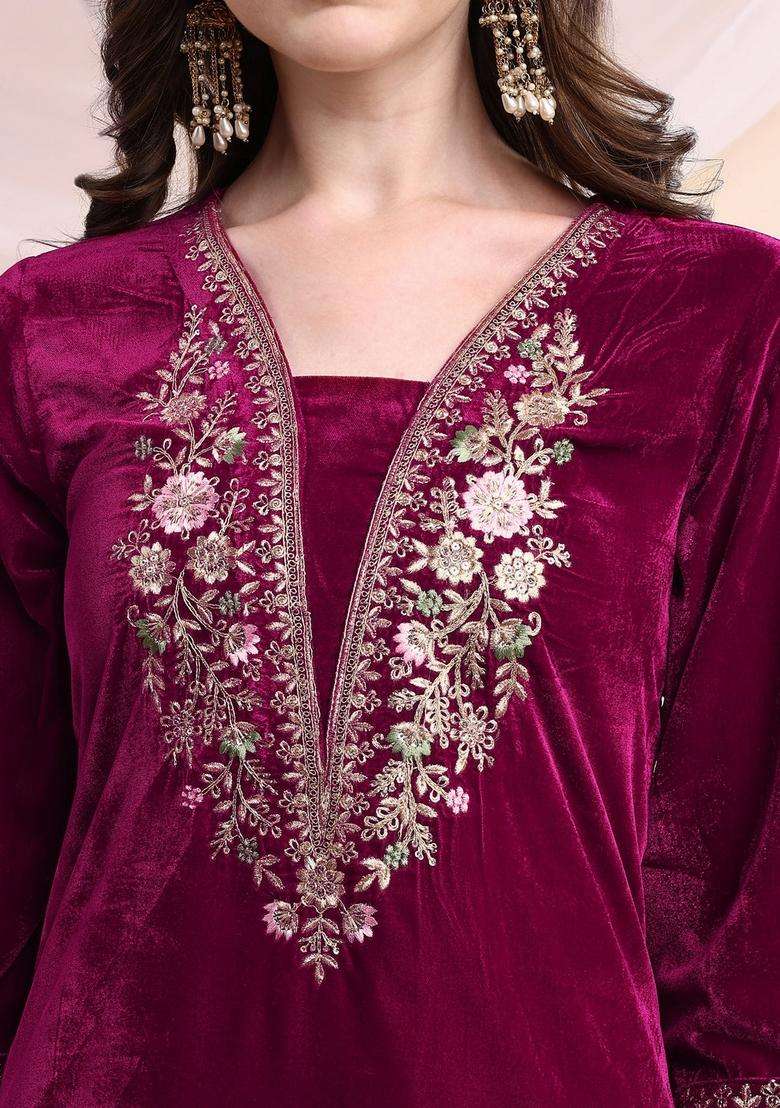 Pink Embroidery Velvet Co Ord Set - Indya