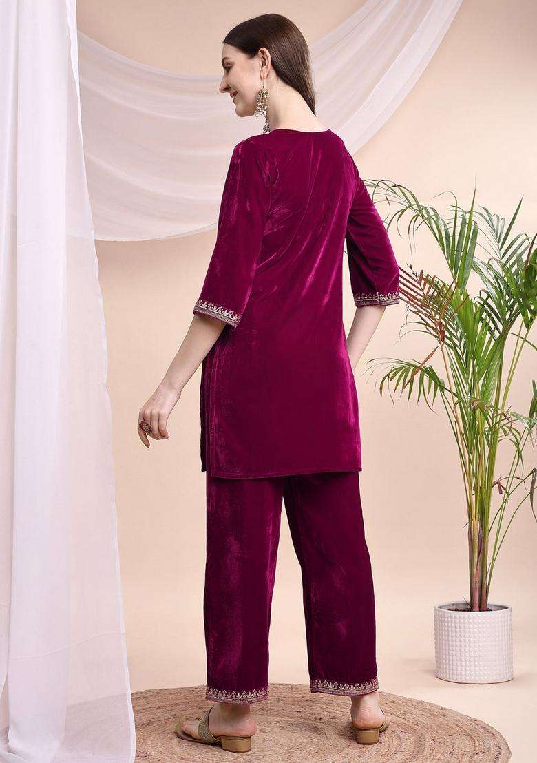 Pink Embroidery Velvet Co Ord Set - Indya