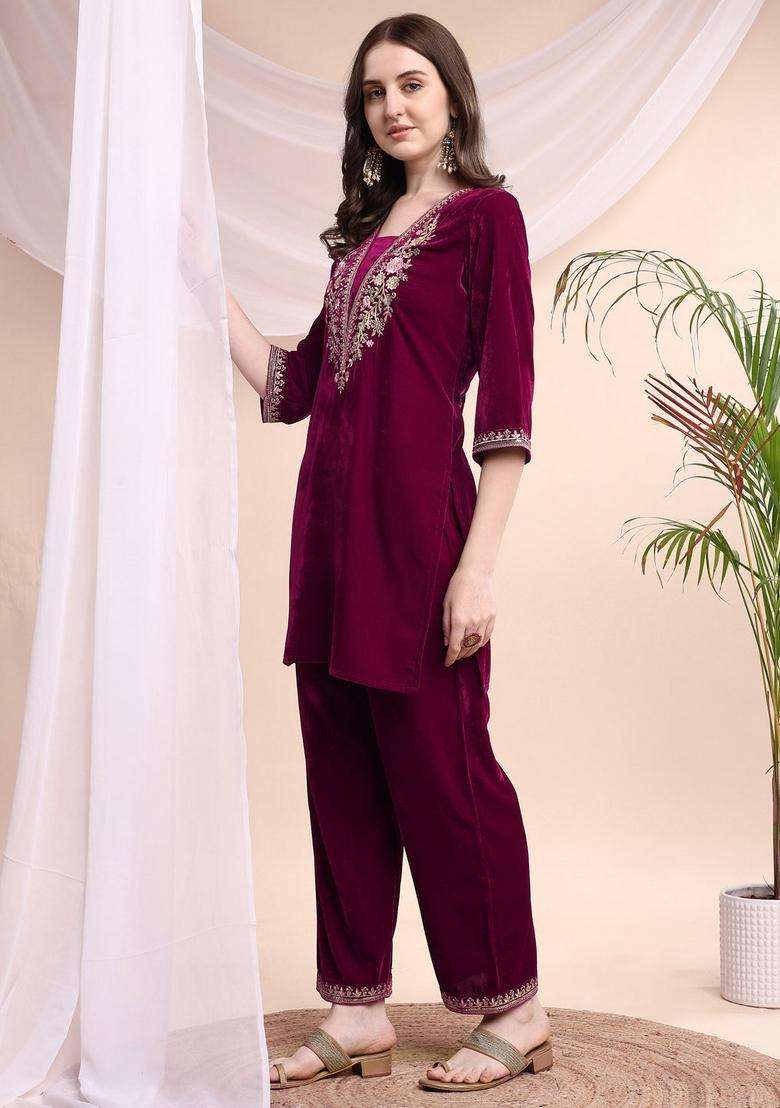 Pink Embroidery Velvet Co Ord Set - Indya