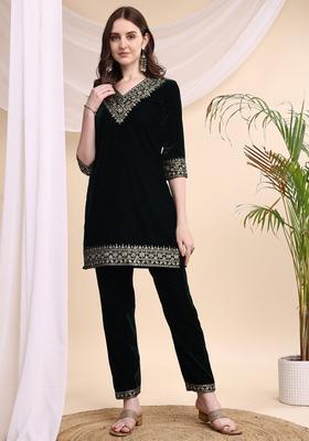 Green Embroidery Velvet Co Ord Set