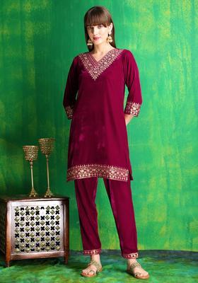 Pink Embroidery Velvet Co Ord Set