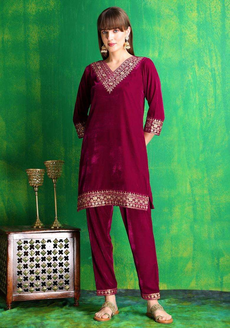 Pink Embroidery Velvet Co Ord Set - Indya