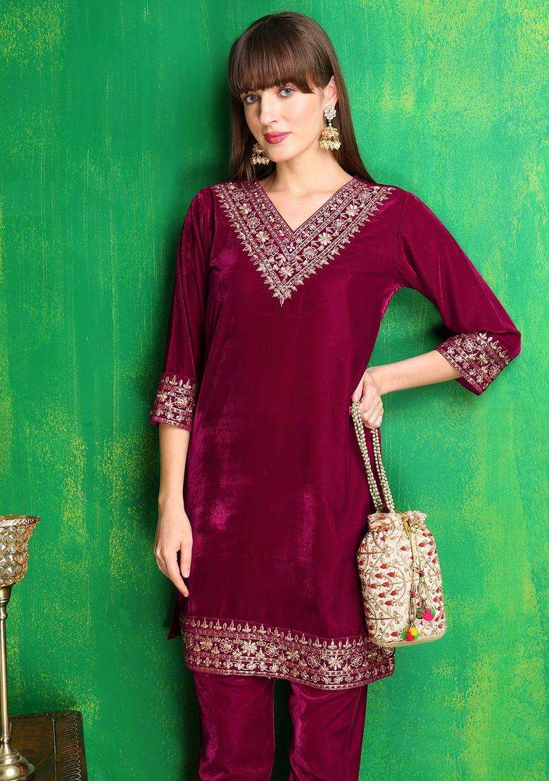 Pink Embroidery Velvet Co Ord Set - Indya