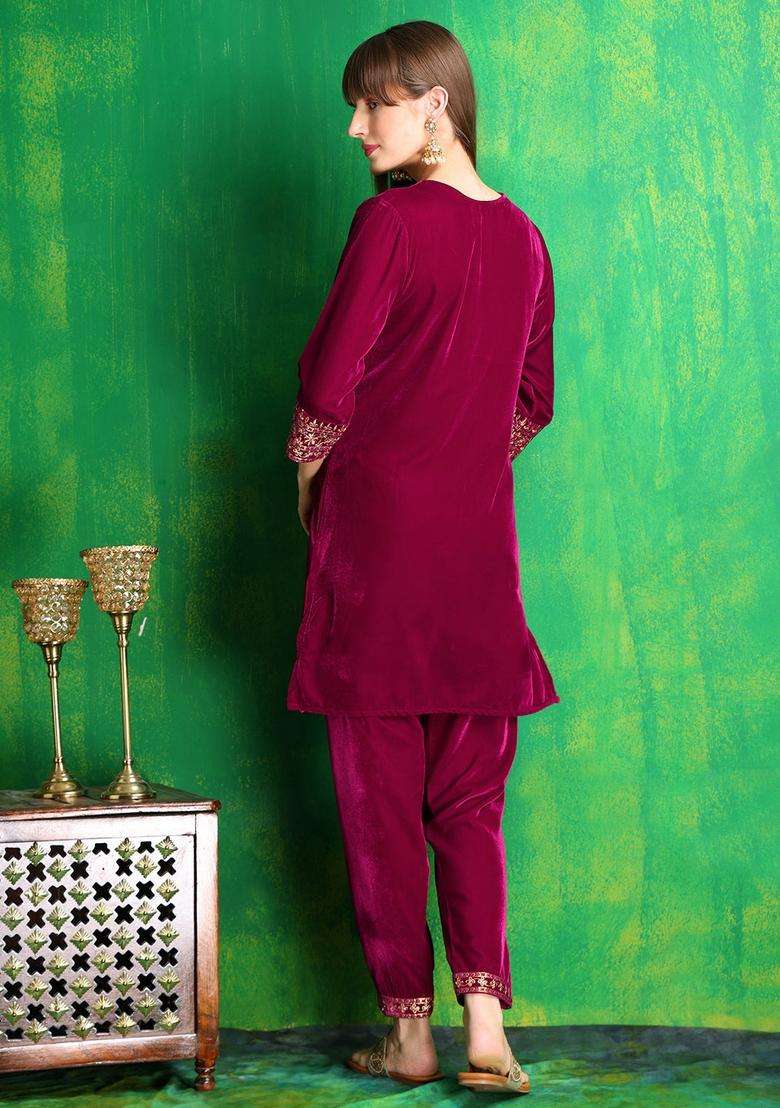 Pink Embroidery Velvet Co Ord Set - Indya
