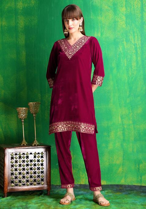 Pink Embroidery Velvet Co Ord Set