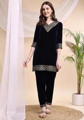 Navy Blue Embroidery Velvet Co Ord Set