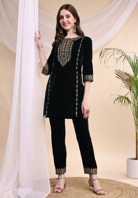 Green Embroidery Velvet Co Ord Set