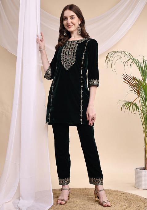 Green Embroidery Velvet Co Ord Set
