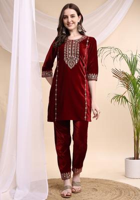 Maroon Embroidery Velvet Co Ord Set