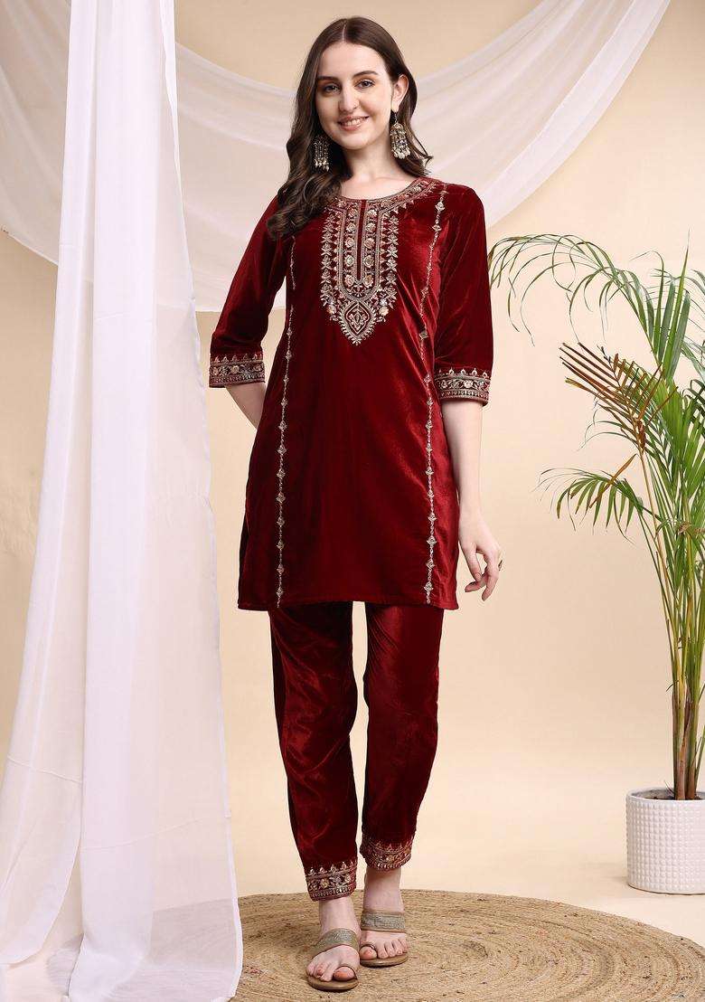 Maroon Embroidery Velvet Co Ord Set - Indya
