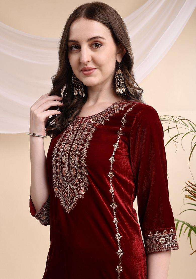Maroon Embroidery Velvet Co Ord Set - Indya
