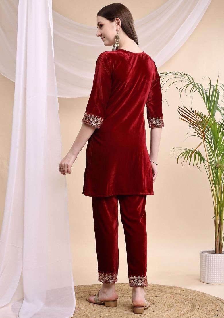 Maroon Embroidery Velvet Co Ord Set - Indya