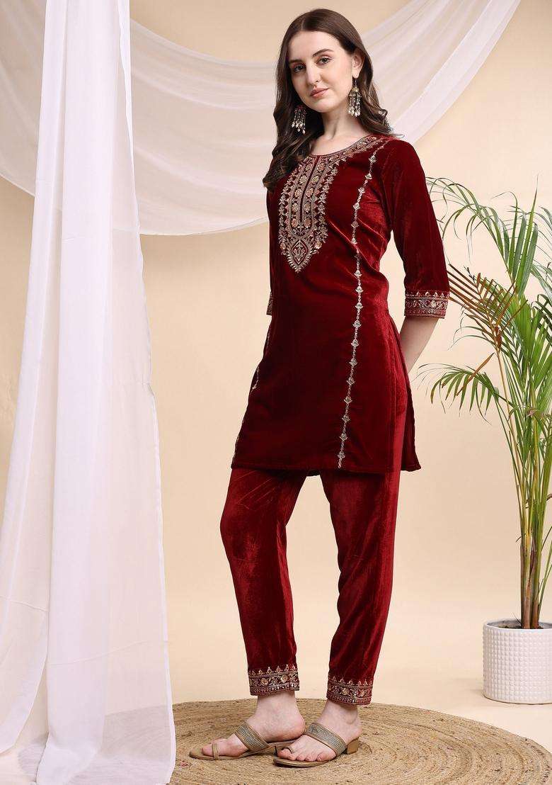 Maroon Embroidery Velvet Co Ord Set - Indya