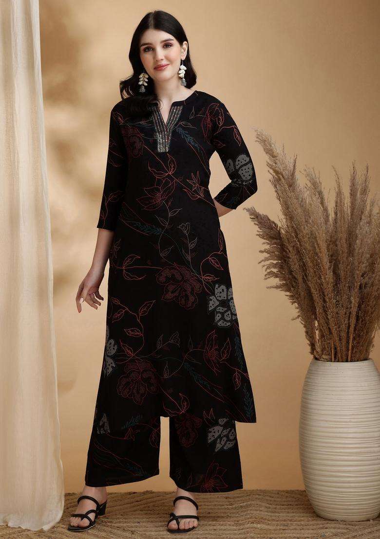 Black Embroidery Rayon Co Ord Set - Indya