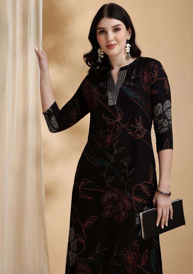 Black Embroidery Rayon Co Ord Set - Indya