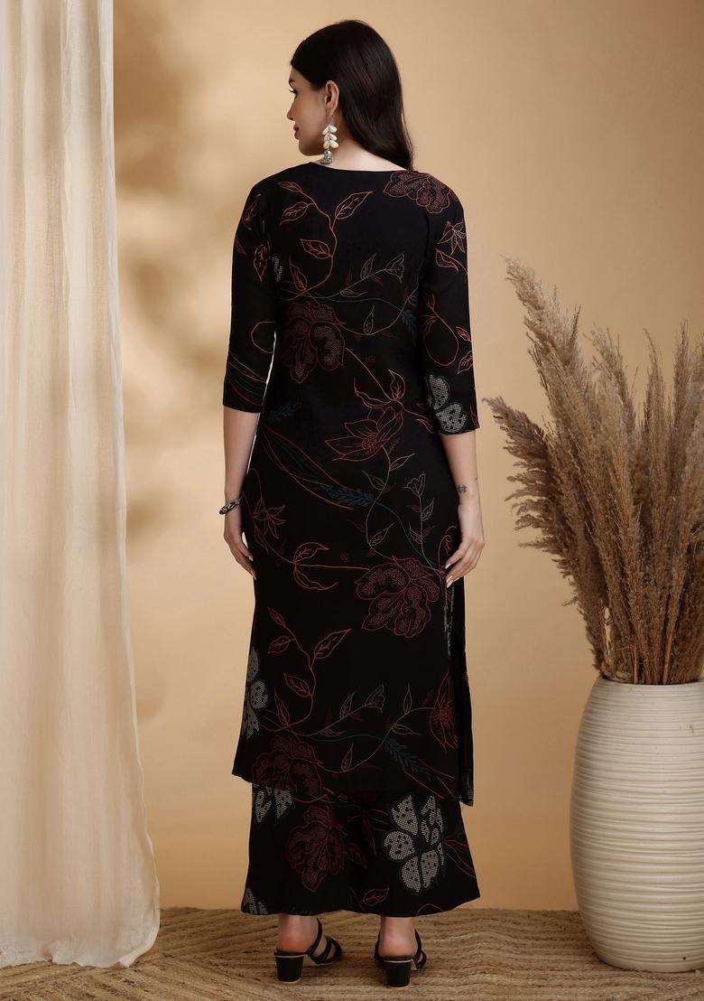 Black Embroidery Rayon Co Ord Set - Indya