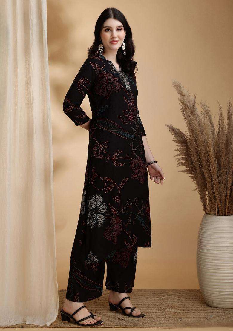 Black Embroidery Rayon Co Ord Set - Indya