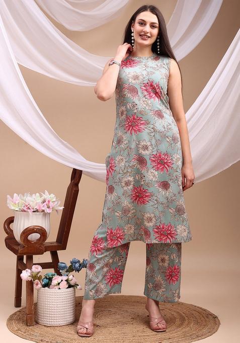 Turquoise Embroidery Rayon Co Ord Set