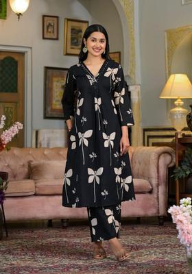 Black Embroidery Cotton Co Ord Set